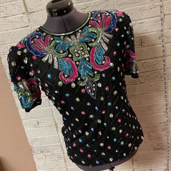 Vintage Sweelo Sequined Party Cocktail Black Pink Top Small - Picture 1 of 14